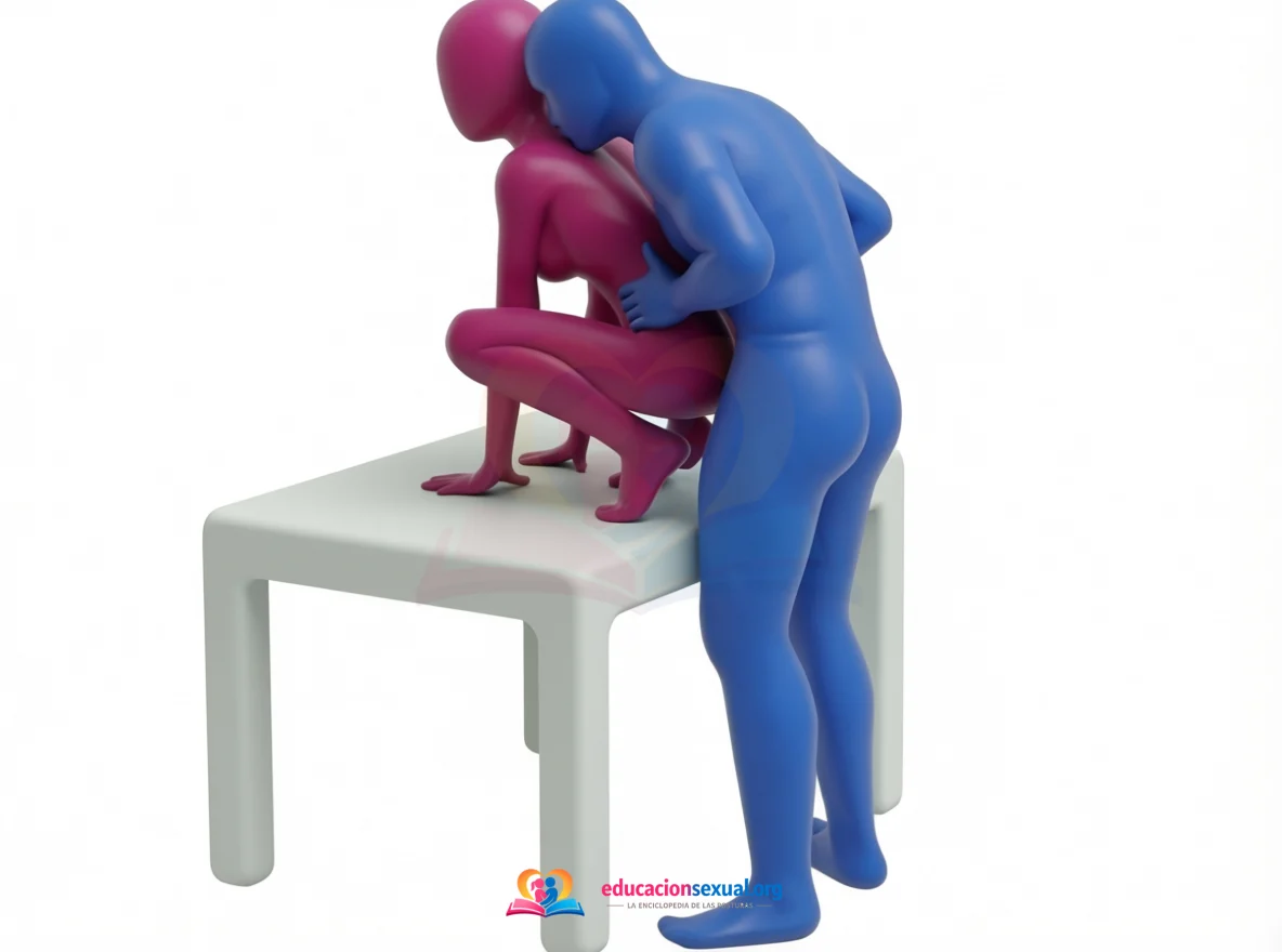 Posición sexual Abrazo Ardiente: Ella en cuclillas sobre una mesa firme, de espaldas; él de pie en el suelo detrás, rodeándola con los brazos.