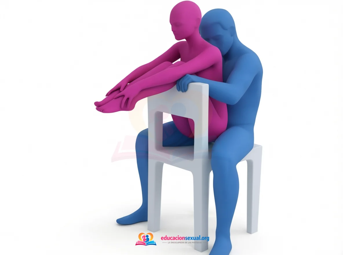 Posición sexual Apoyo Posterior: Postura sentada en una silla: ella va en el regazo de él, de espaldas, con las piernas recogidas sobre el respaldo.
