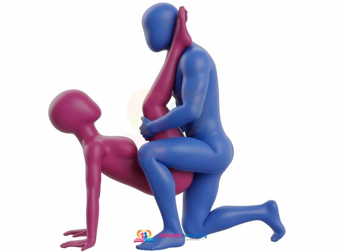 Sex position Ark of Love: She leans back on straight arms with her pelvis raised and her legs resting together against his chest and shoulder; he kneels on one knee i