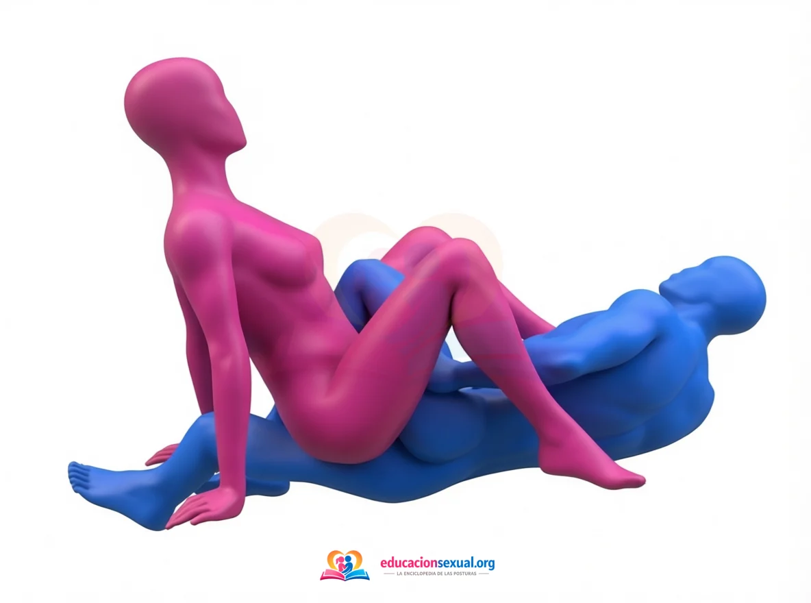Sex position Back Door: Woman on top, sitting and leaning back with her knees together.