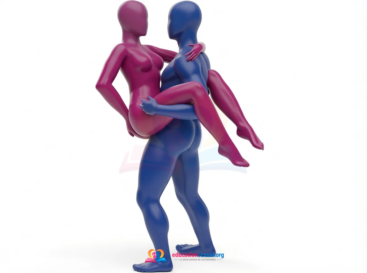 Sex position Balcony of Sighs: Standing carry: he holds her in his arms, under her thighs, while she clings to his neck, face to face, for deep penetration.