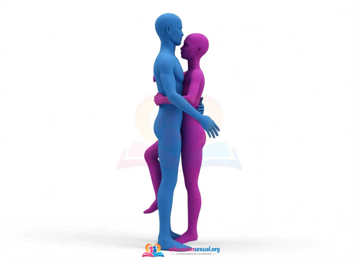 Posición sexual De Pie Frente a Frente: Ambas personas de pie, frente a frente y abrazadas. Para alinear las caderas, quien recibe puede elevar una pierna apoyándola en una silla o