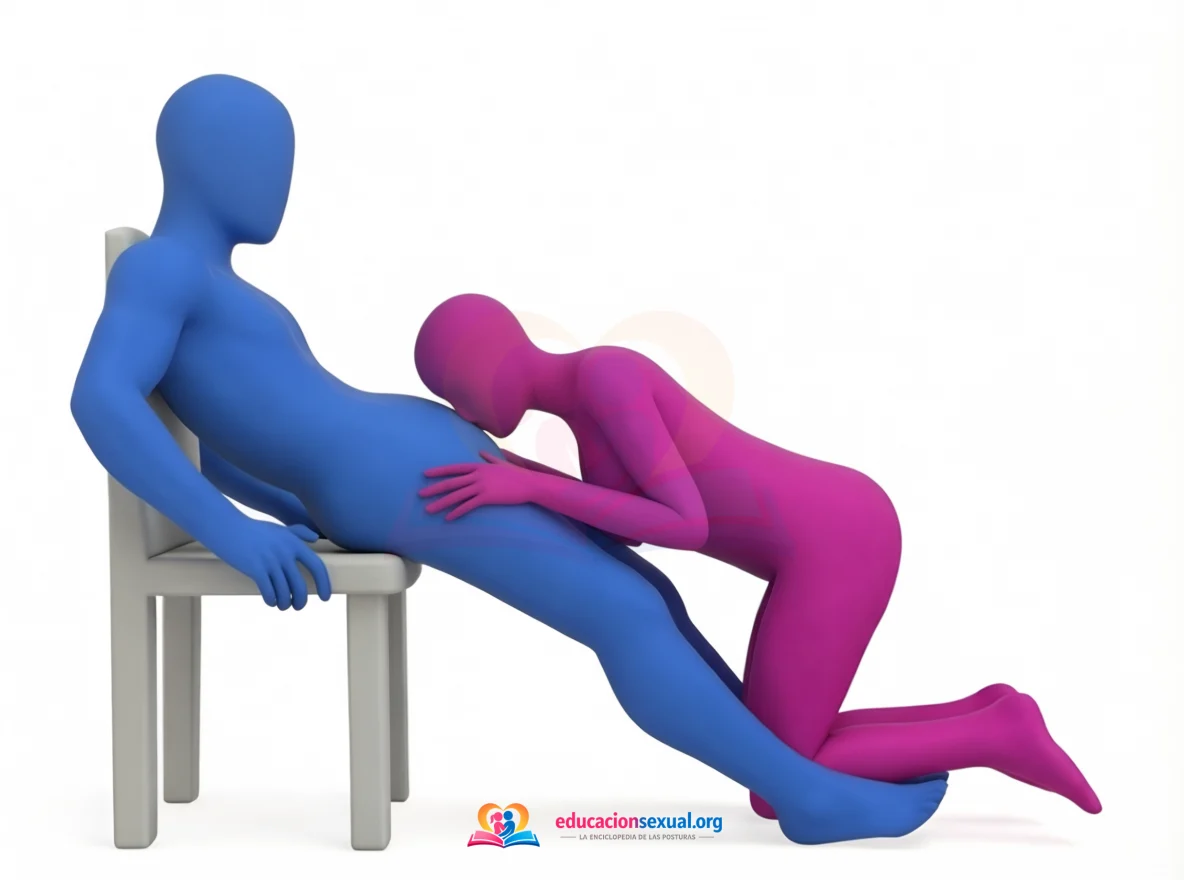 Posición sexual Encantador de Serpientes: Él se sienta en el borde de una silla, muy recostado y con las piernas estiradas; ella se arrodilla junto a sus piernas y le estimula el pen