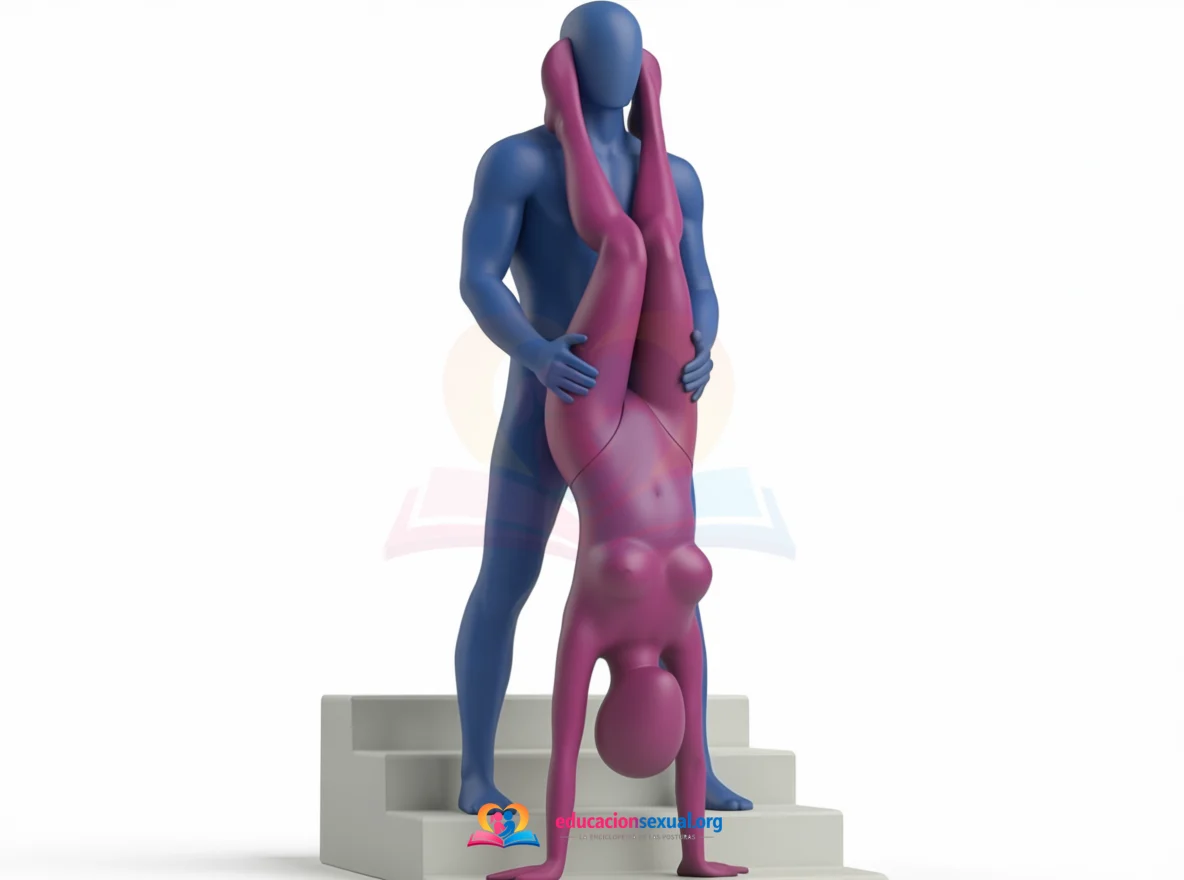 Position sexuelle L'Arbre Inversé: Position acrobatique : elle fait le poirier, les mains sur une marche, et pose ses jambes tendues sur les épaules de lui, debout derrière el