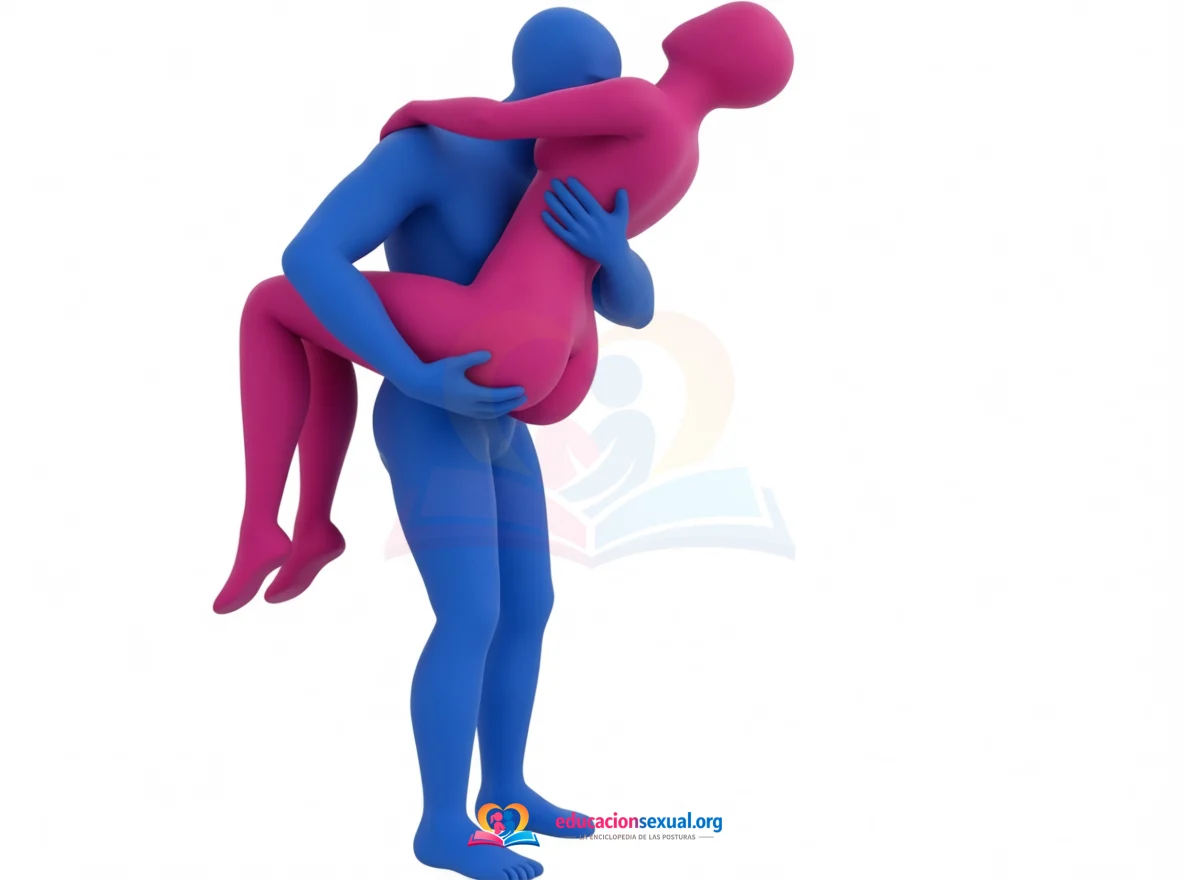Position sexuelle La Spirale de l'Extase: Debout, il la soulève dans ses bras en la tenant sous les fesses ; elle enroule une jambe autour de sa hanche, se tient à ses épaules et se 