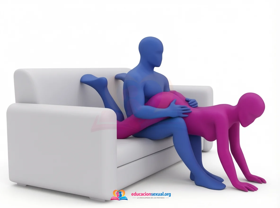 Position sexuelle Le Tambourinage Profond: Il est assis sur le canapé et elle s’allonge à plat ventre en travers de ses genoux, jambes sur l’assise et mains au sol, pendant qu’il care