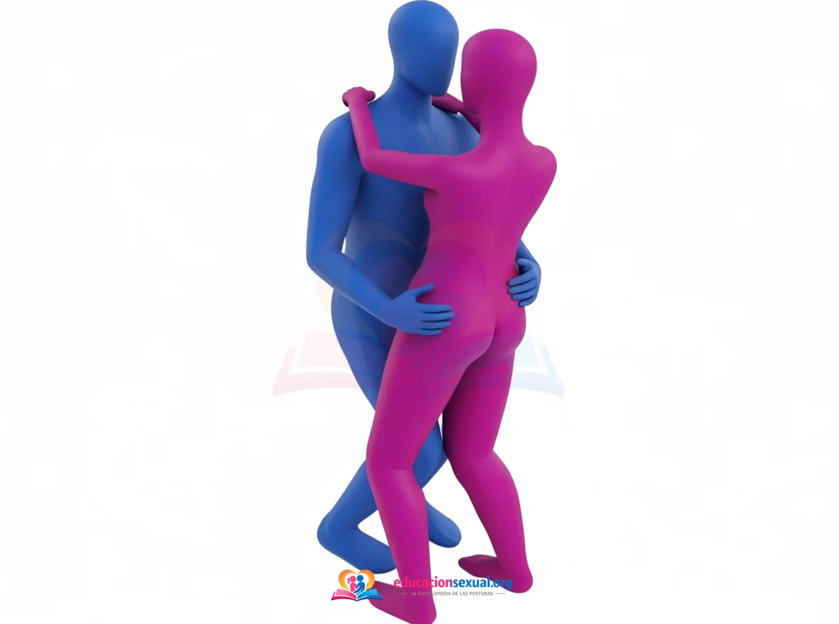 Position sexuelle Le Vol du Colibri V: Debout, face à face et enlacés, pieds au sol : elle a les jambes tendues entre celles de son partenaire, qui fléchit légèrement les genoux p