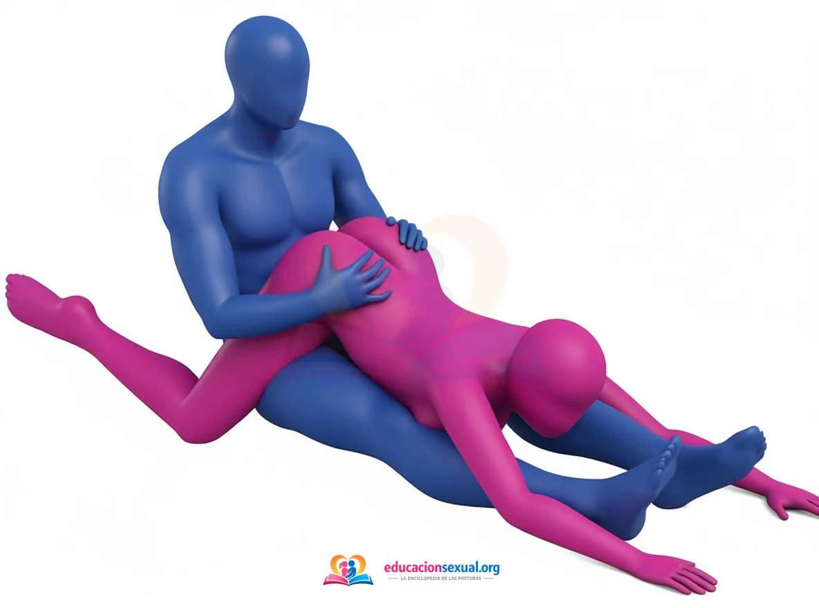 Position sexuelle Monture arrière: À califourchon dos à lui, assis : elle se penche sur ses jambes, les mains posées sur le lit.