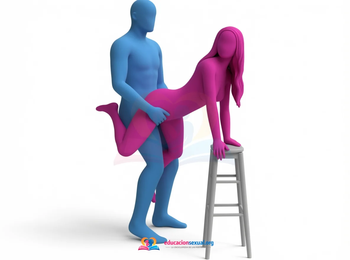 Position sexuelle Sommet: Position avancée debout : elle est maintenue en l'air par derrière, les mains sur un tabouret haut.