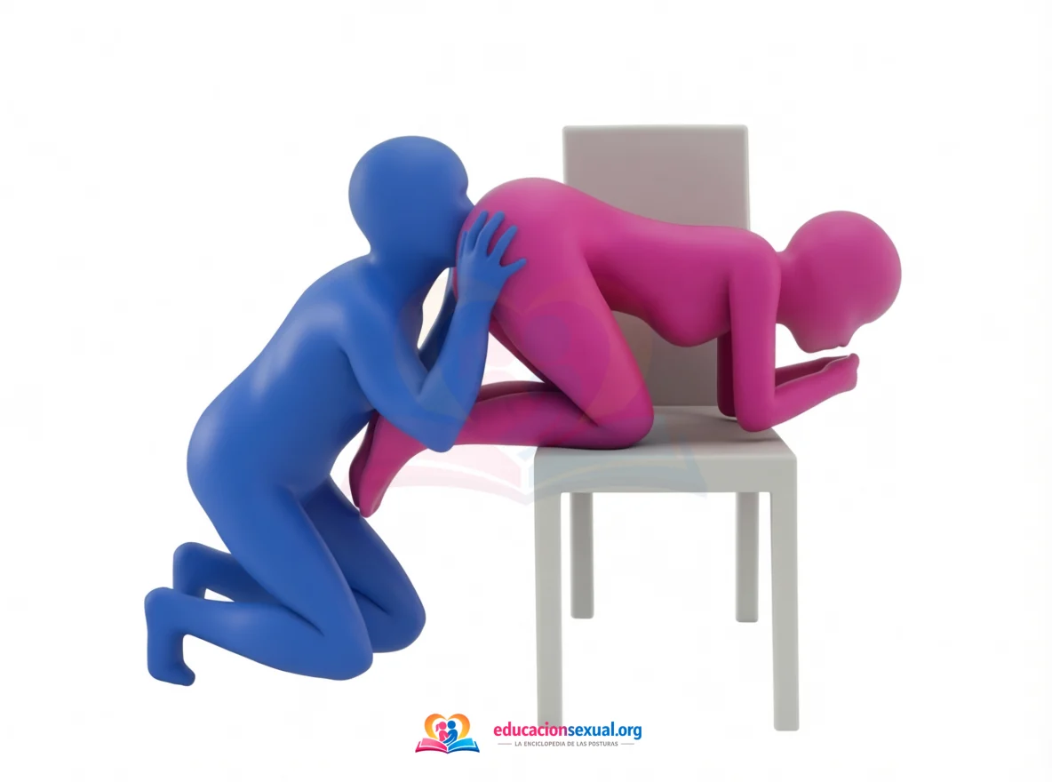Sex position The Caress of the Mirror: She kneels on the seat of a chair facing the backrest and leans over it; her partner kneels on the floor behind and stimulates her with the 
