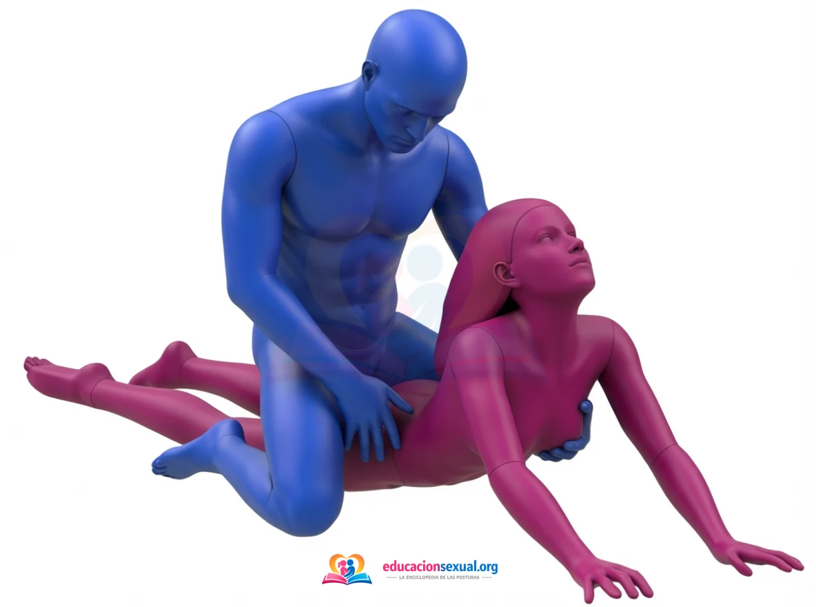 Sex position The Discovery of the Hidden Treasure: She lies face down with her upper body raised on straight arms; he kneels astride her thighs and enters from behind.